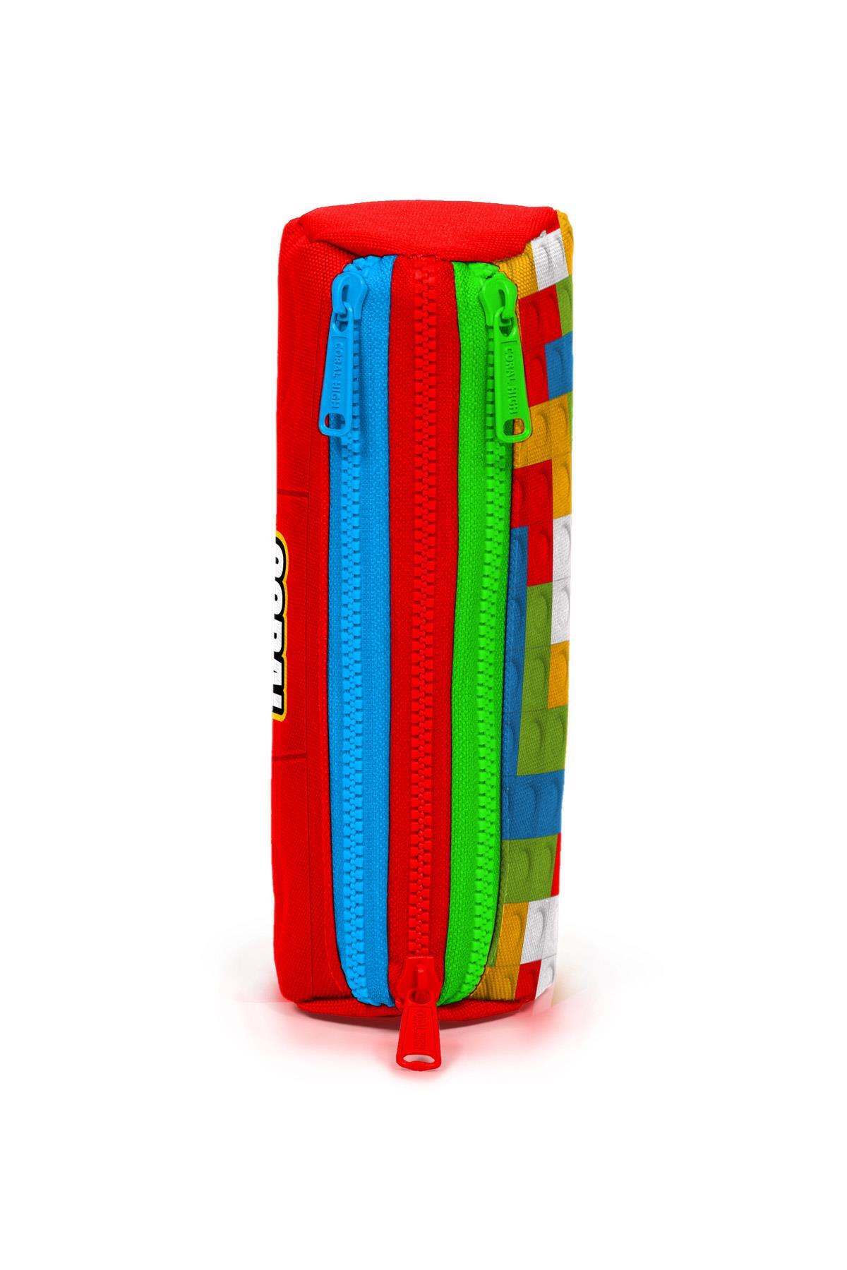 Coral High Kids Renkli Blok Desenli Üç Bölmeli Kalem Çantası