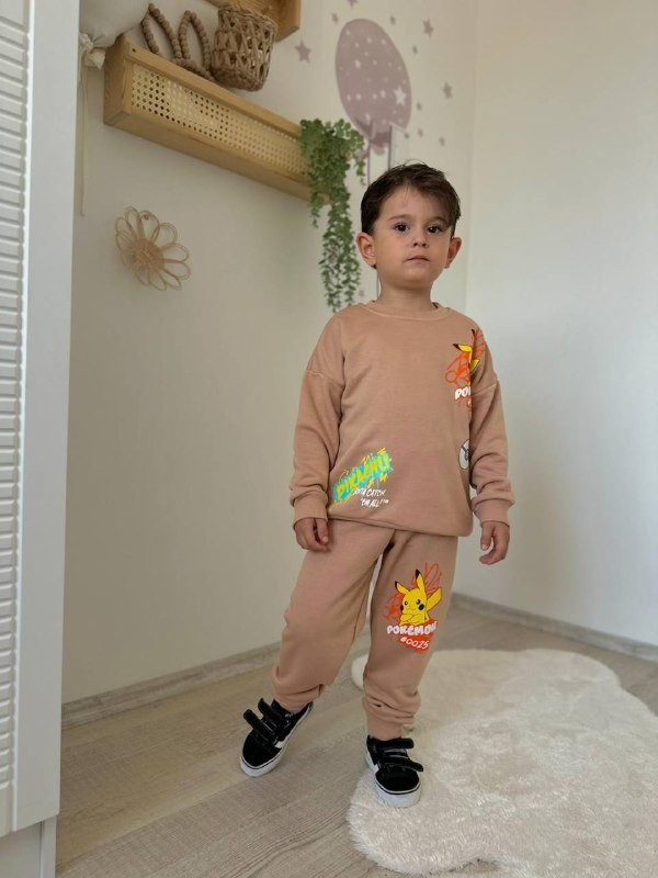 3-10 Yaş Erkek Çocuk Pokémon Pikachu Baskılı Bej Eşofman Takımı