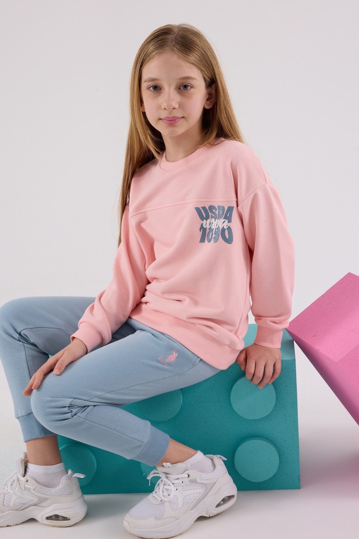 4-8 Yaş Kız Çocuk US Polo Assn Lisanslı Pembe-Mavi Eşofman Takımı