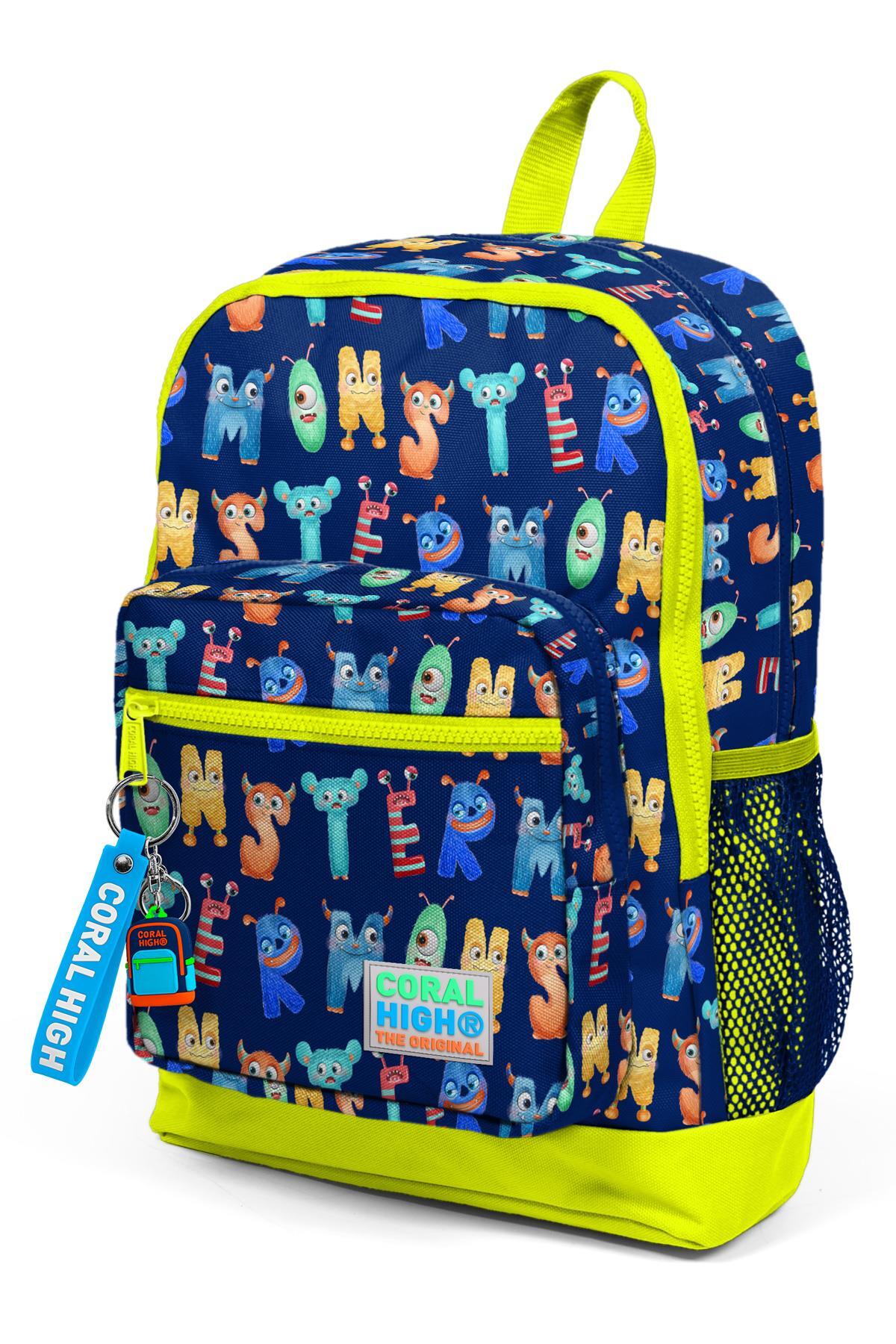 Coral High Kids Lacivert Neon Sarı Monster Desenli Dört Bölmeli Okul Sırt Çantası