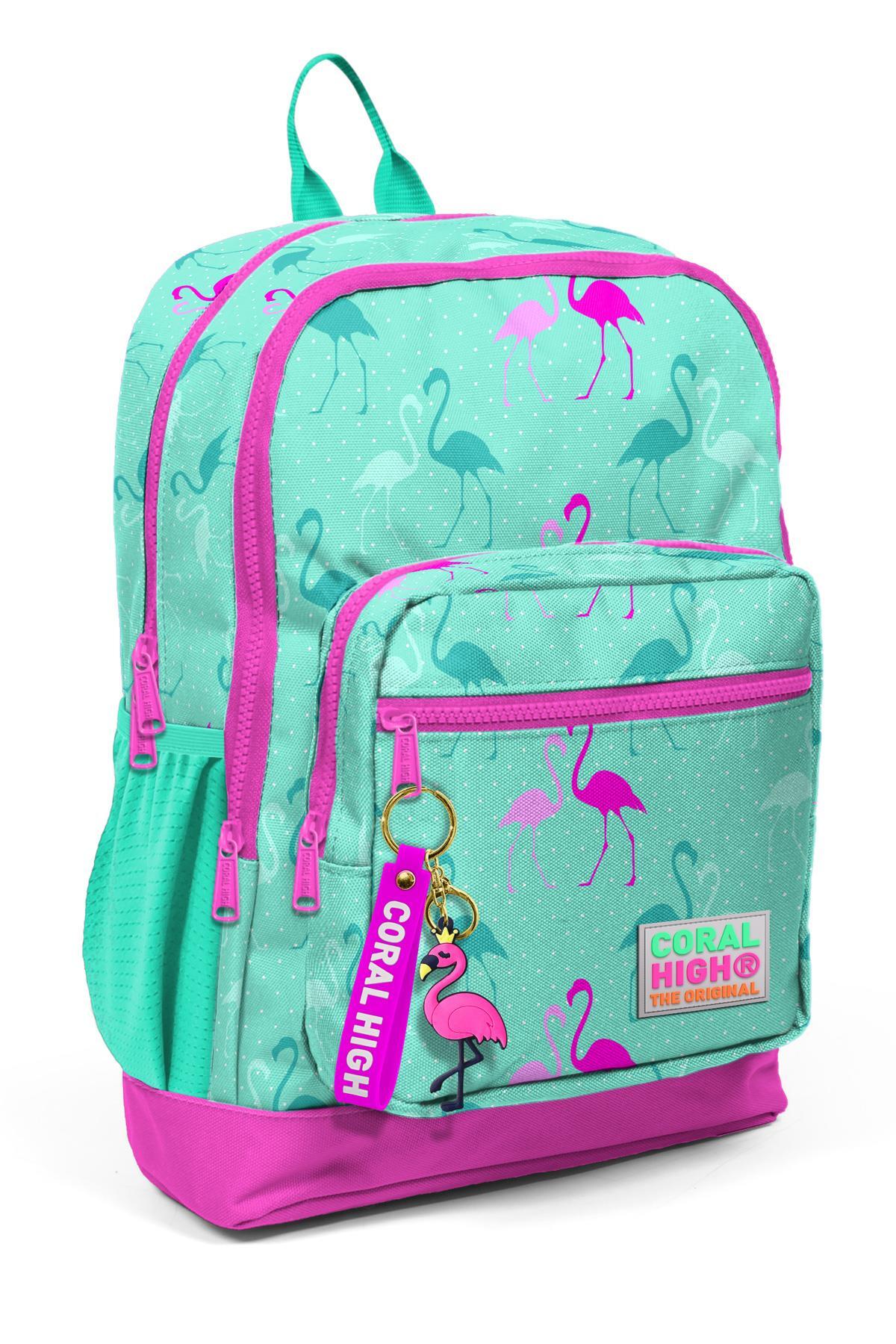 Coral High Kids Su Yeşili Neon Pembe Flamingo Desenli Dört Bölmeli Okul Sırt Çantası