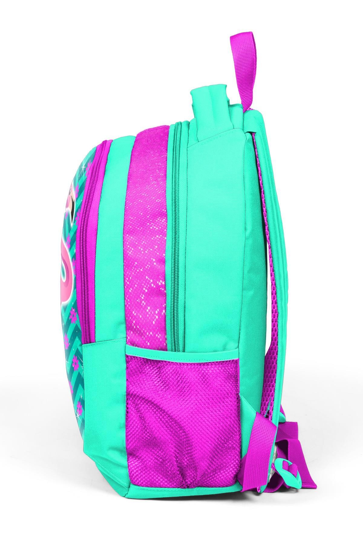 Coral High Kids Su Yeşili Pembe Simli Flamingo Desenli Üç Bölmeli Okul Sırt Çantası