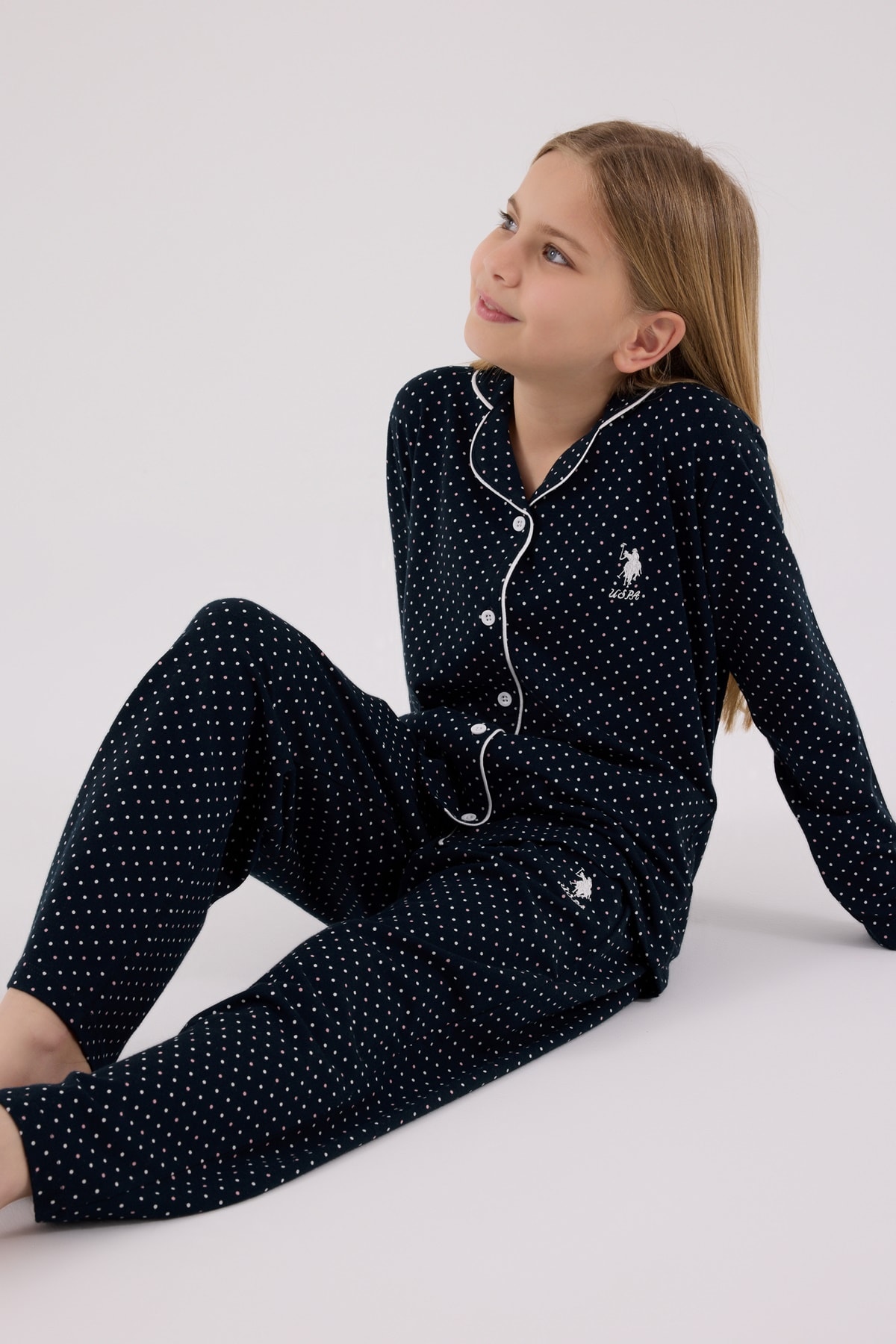 4-15 Yaş Kız Çocuk US Polo Assn Lisanslı Lacivert Puantiyeli Pijama Takımı