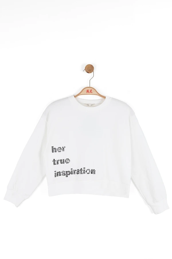 8-14 Yaş Kız Çocuk “Her True Inspiration” Baskılı Beyaz Sweatshirt ve Siyah Eşofman Takım