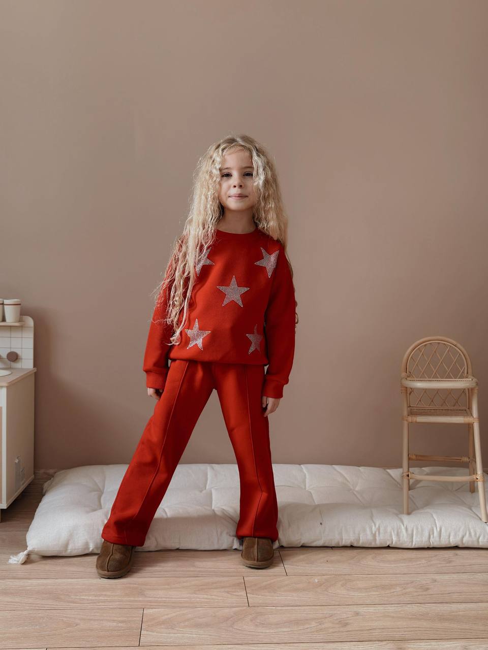 3-10 Yaş Kız Çocuk Taş Yıldız Baskılı Geniş Paçalı 3 İplik Şardonlu Eşofman Takımı