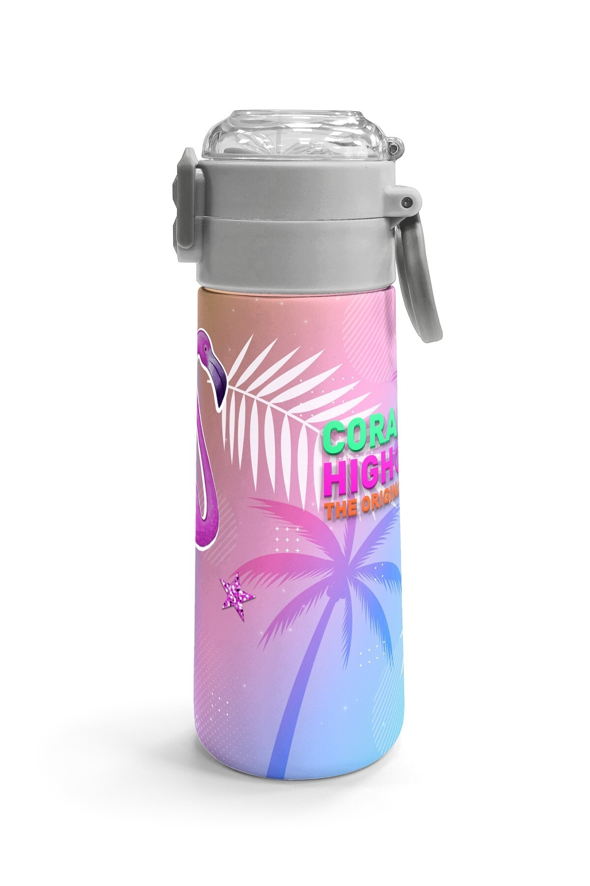 Coral High Kids Lavanta Pembe Flamingo Desenli Pipetli ve Direkt İçim Çelik Termos 500 ml