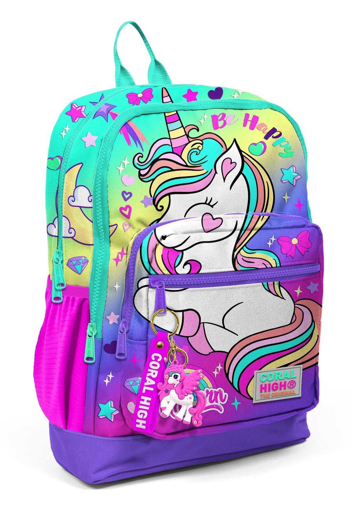 Coral High Kids Lavanta Su Yeşili Unicorn Desenli Dört Bölmeli Okul Sırt Çantası