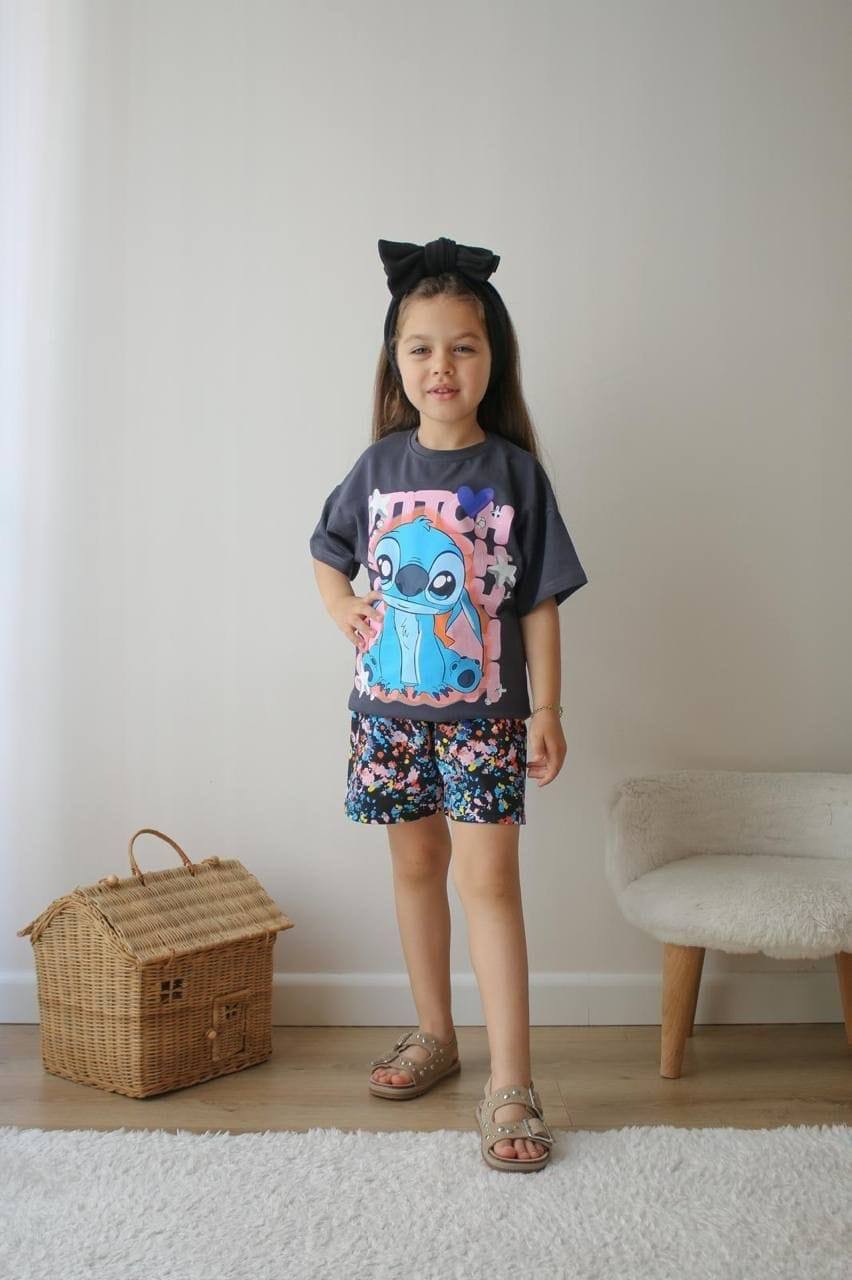 3-10 YAŞ KIZ ÇOCUK STITCH RENKLİ ŞORT TAKIM