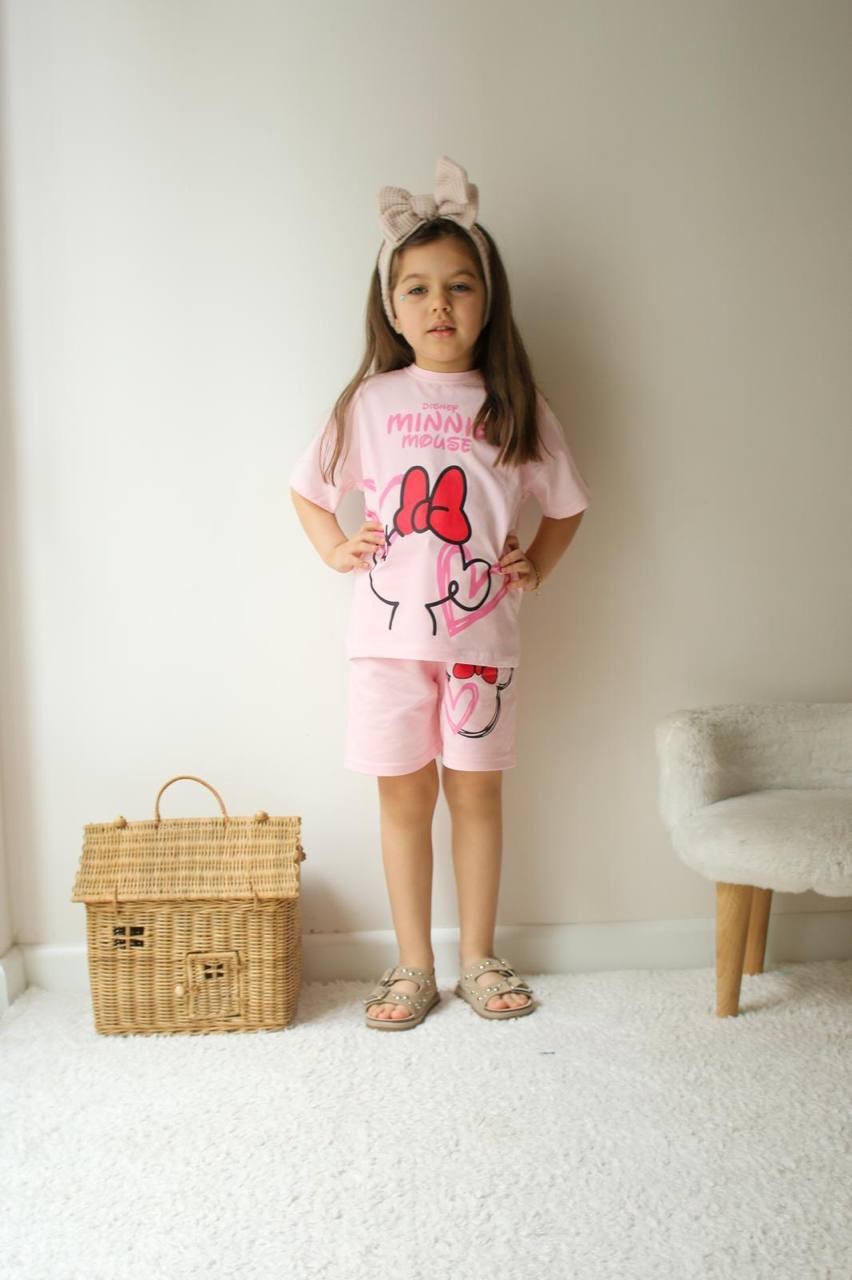 3-10 YAŞ KIZ ÇOCUK MINNIE MOUSE KALPLİ ŞORT TAKIM - PEMBE