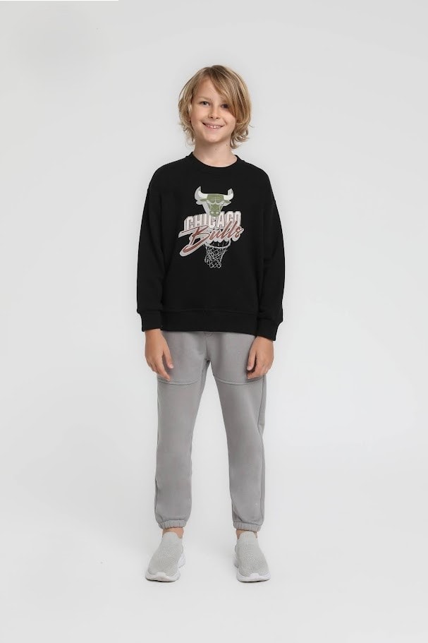 4-14 Yaş Erkek Çocuk Chicago Bulls Baskılı Sweatshirt ve Gri Eşofman Altı Takım