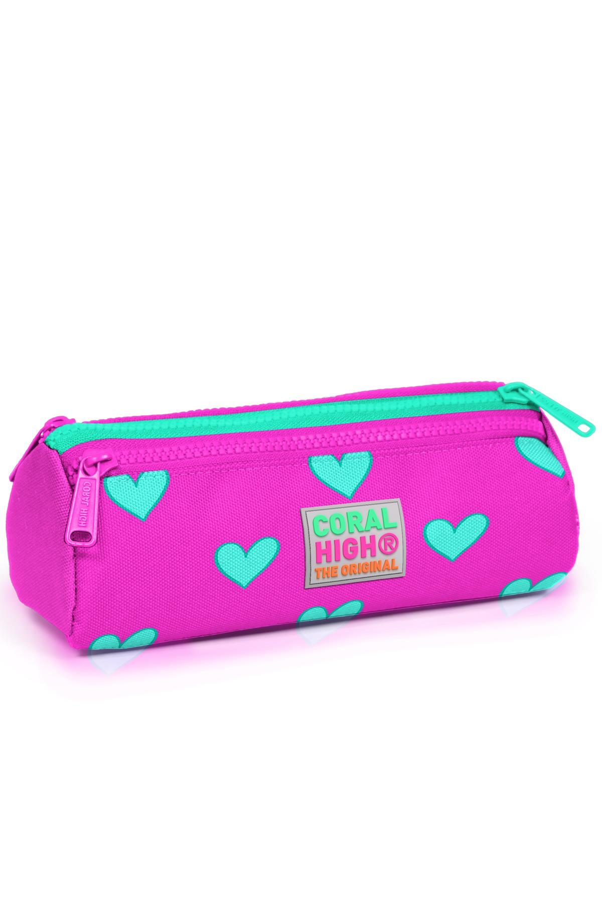 Coral High Kids Neon Pembe Su Yeşili Kalp Desenli Üç Bölmeli Kalem Çantası