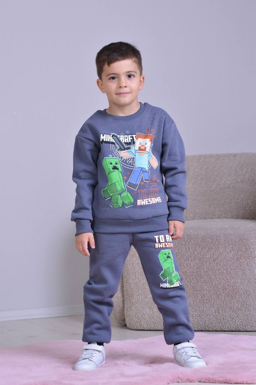 3-10 Yaş Erkek Çocuk Minecraft Baskılı 3 İp Şardonlu Eşofman Takımı