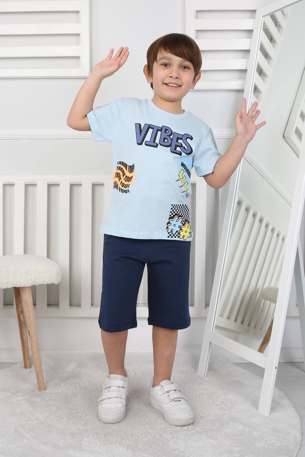 3-12 YAŞ ERKEK ÇOCUK VIBES BASKILI ŞORTŞU SÜPREM PİJAMA TAKIM