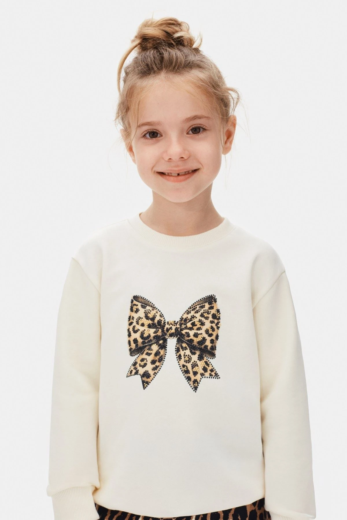 4-8 Yaş Kız Çocuk Fiyonk Baskılı Leopar Desenli Tül Etekli Zarif Dantelli Takım