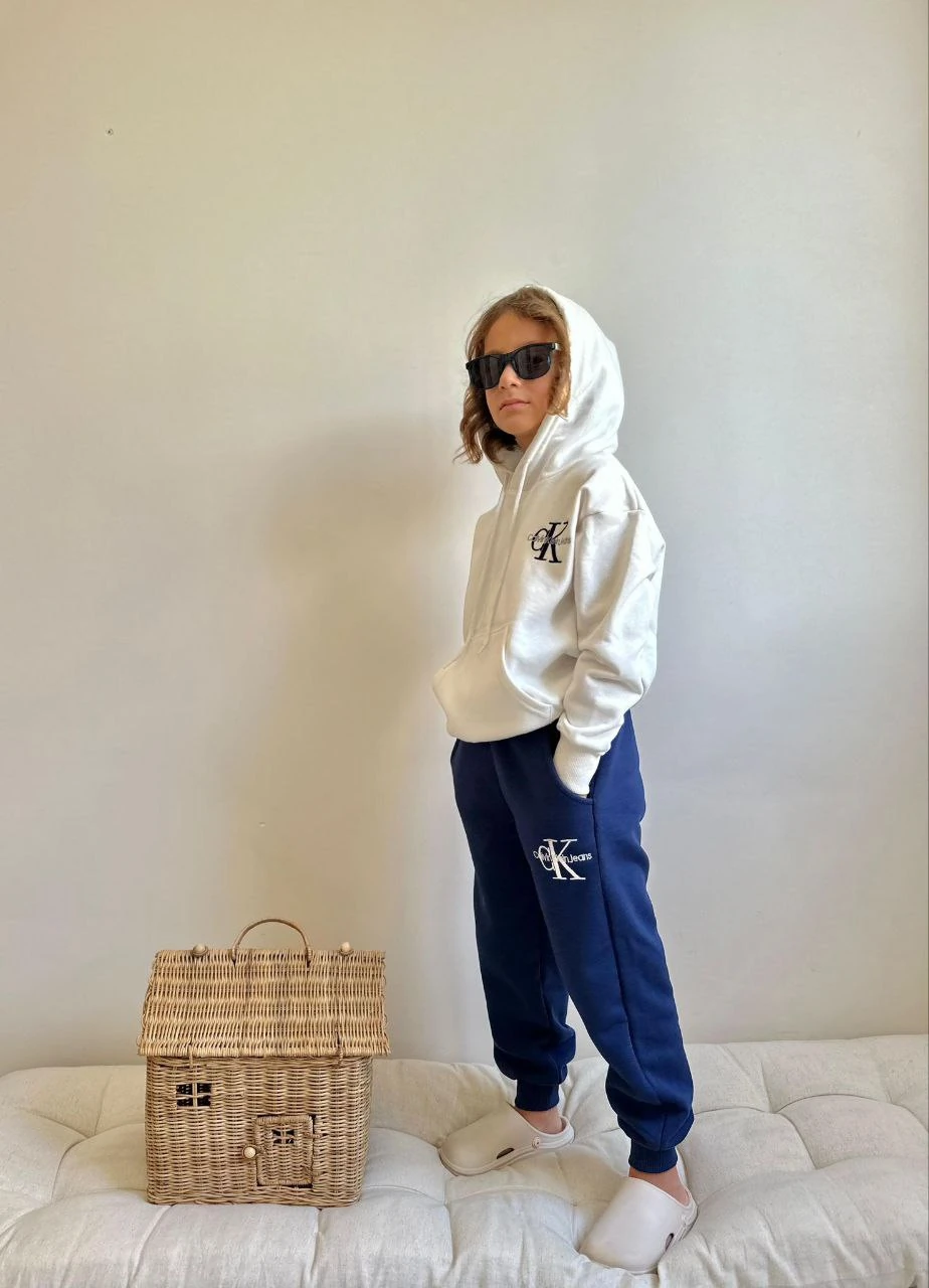 5-14 Yaş Erkek Çocuk CK Logo Baskılı Kapüşonlu 3 İplik Şardonlu Eşofman Takımı