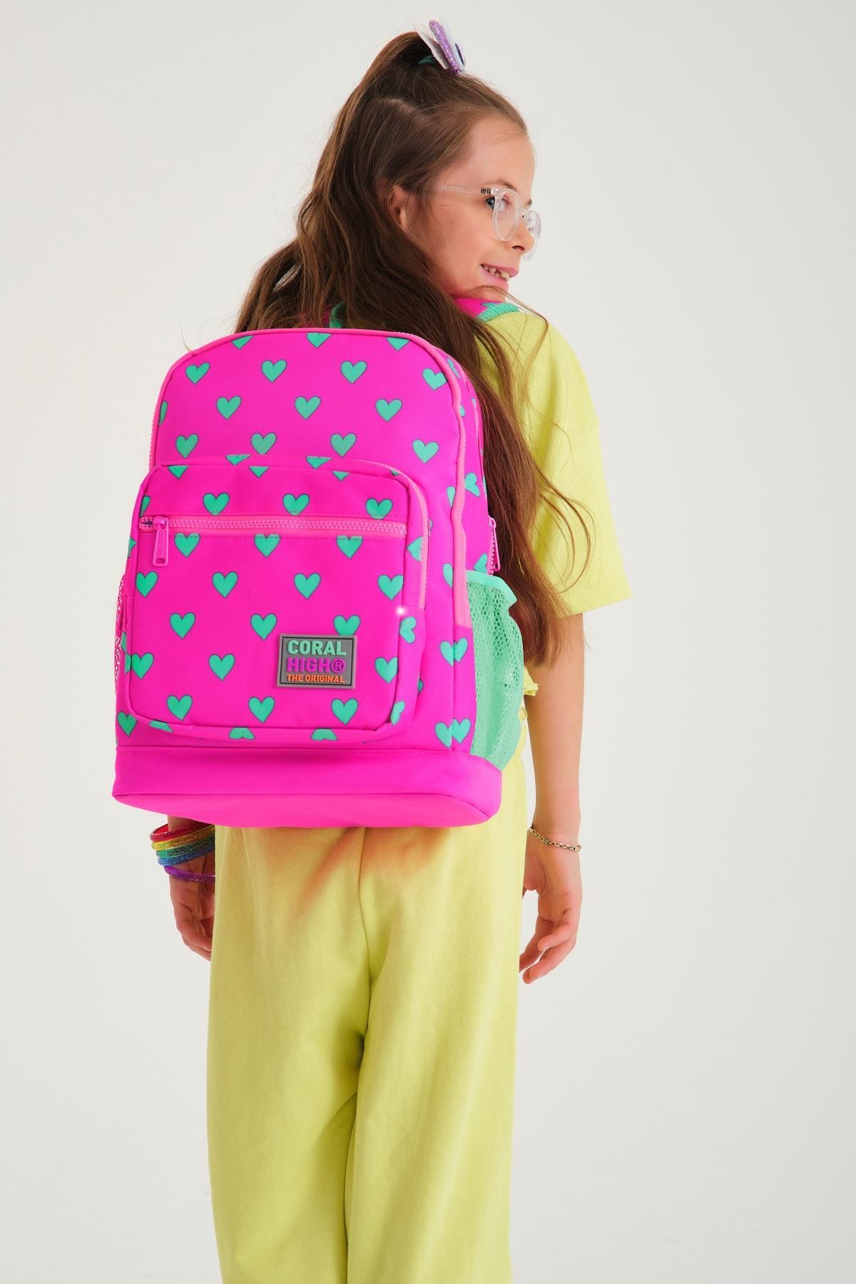 Coral High Kids Neon Pembe Su Yeşili Kalp Desenli Dört Bölmeli Okul Sırt Çantası