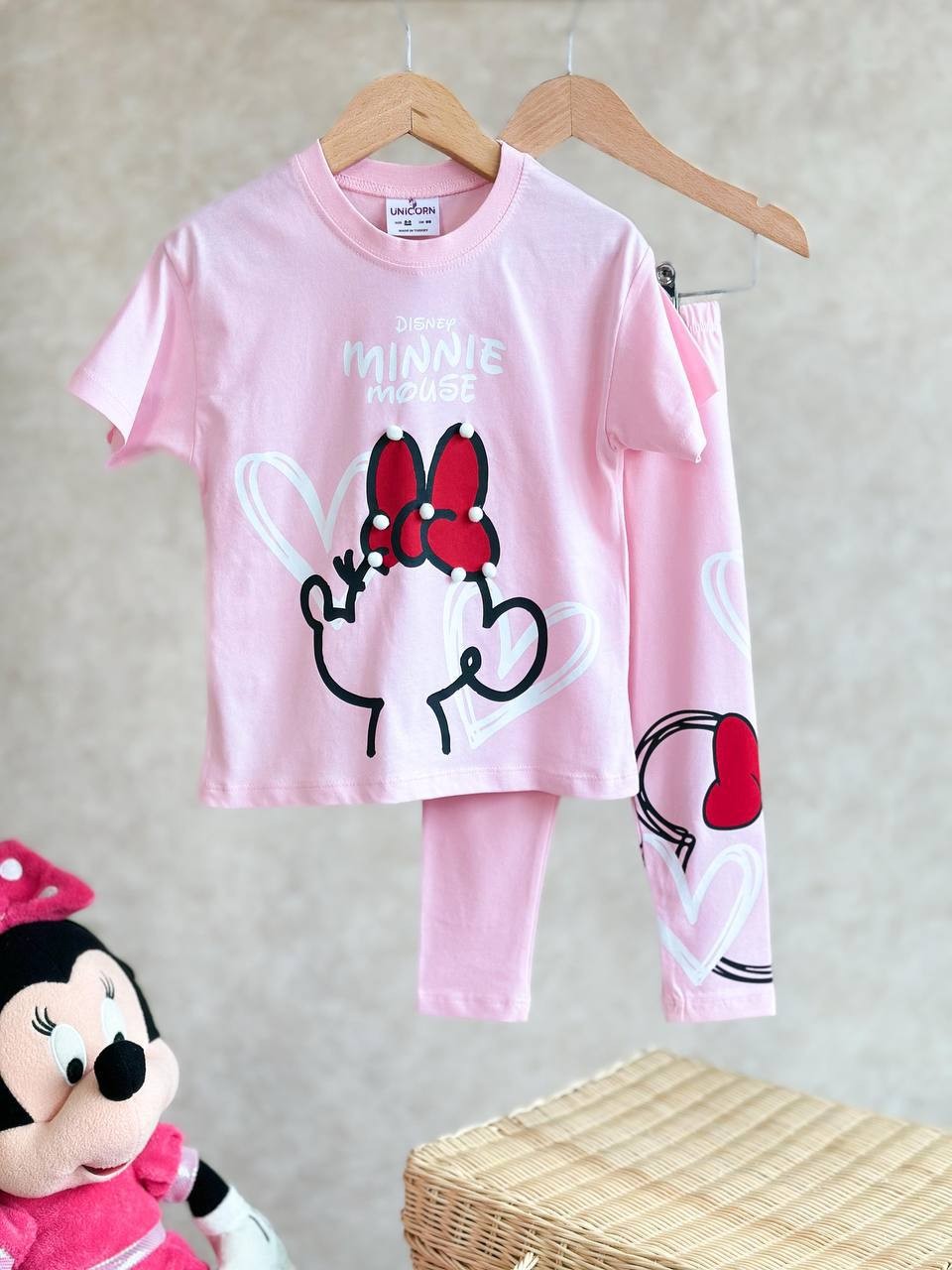 2-8 Yaş Kız Çocuk Minnie Mouse Kalpli Pembe İkili Takım