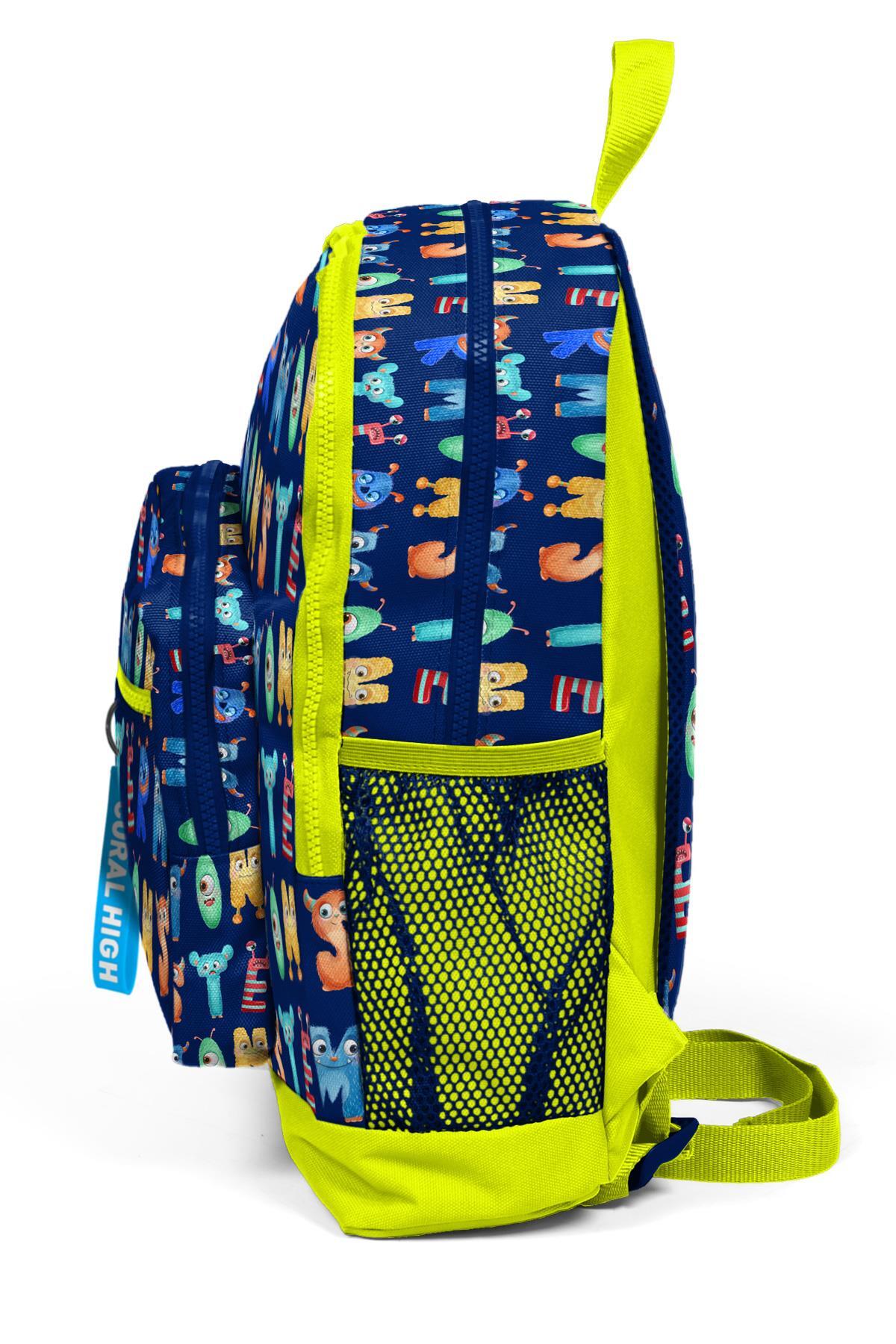 Coral High Kids Lacivert Neon Sarı Monster Desenli Dört Bölmeli Okul Sırt Çantası