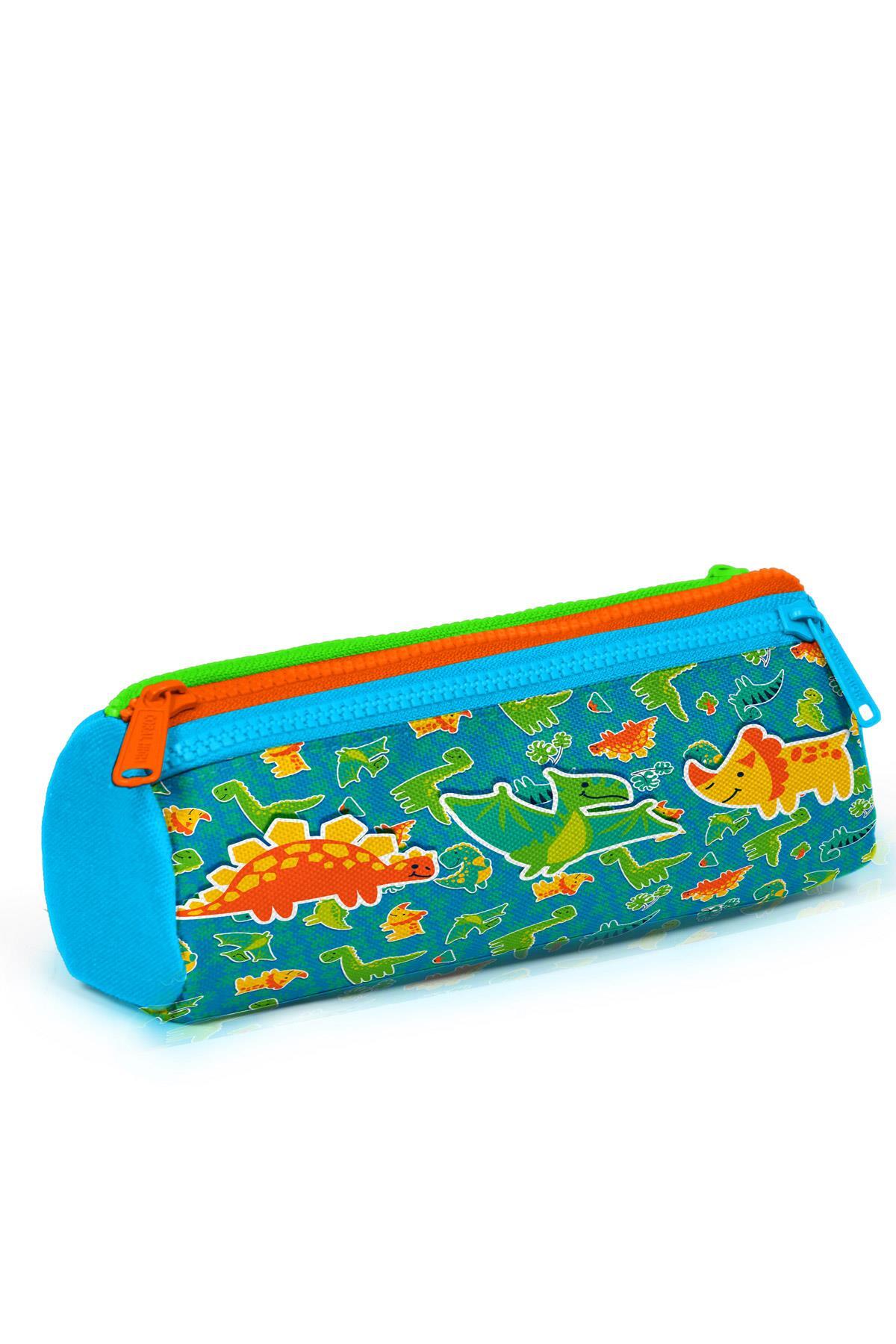 Coral High Kids Mavi Yeşil Dinozor Desenli Üç Bölmeli Kalem Çantası 