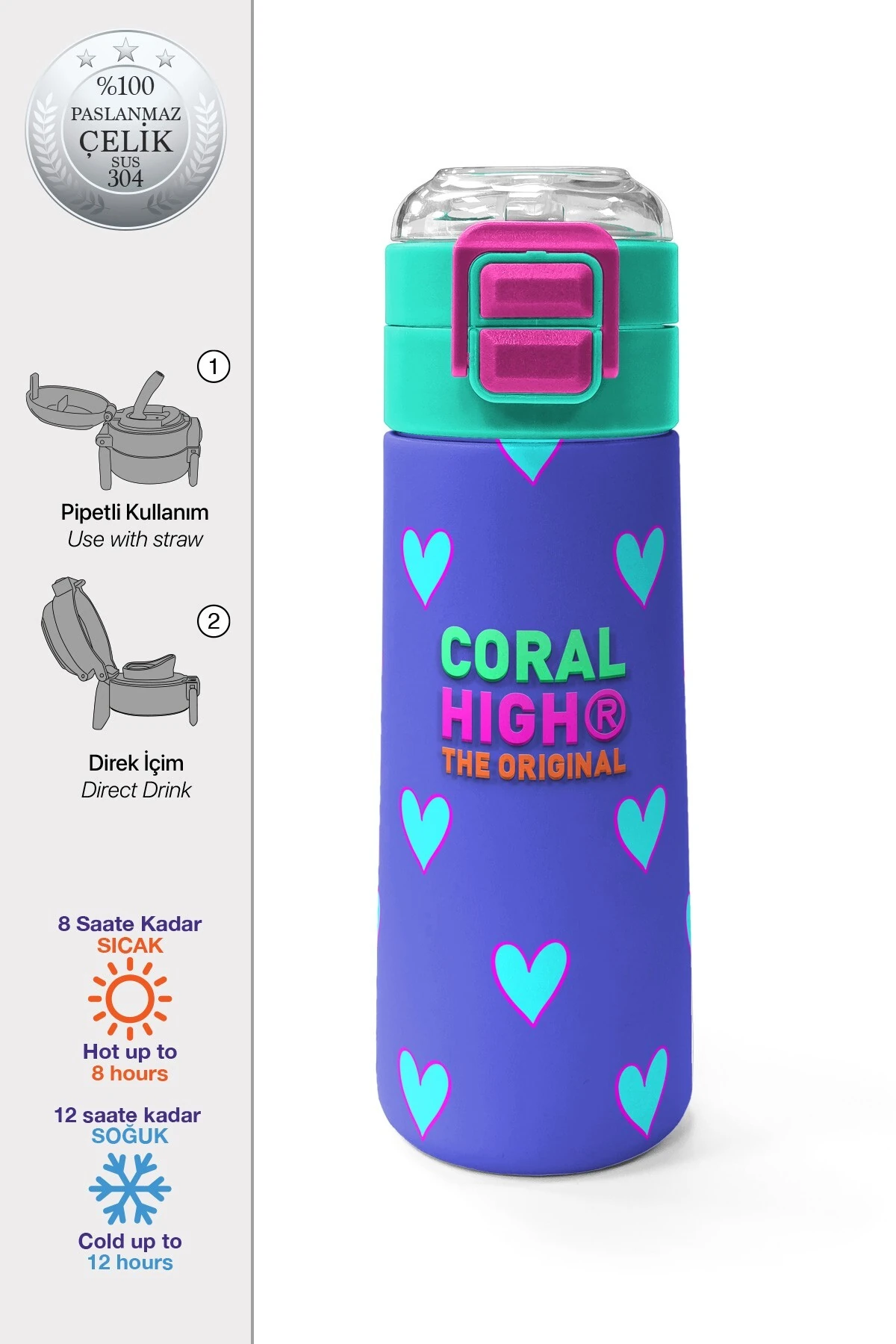 Coral High Kids Lavanta Pembe Kalp Desenli Pipetli ve Direkt İçim Çelik Termos 500 ml