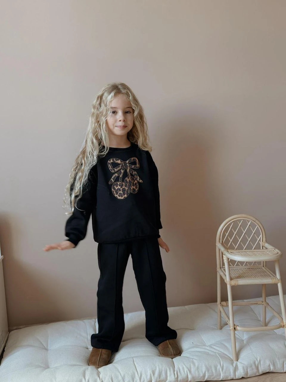 3-10 Yaş Kız Çocuk Leopar Fiyonk Baskılı 3 İplik Şardonlu Eşofman Takımı