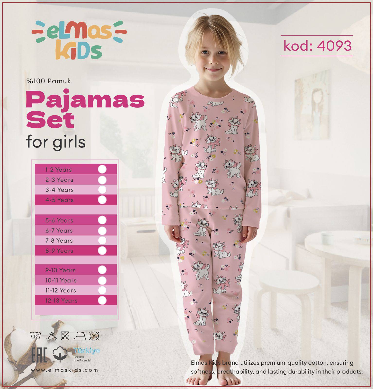 1-13 Yaş Kız Çocuk Kedi Desenli %100 Pamuk Pijama Takımı