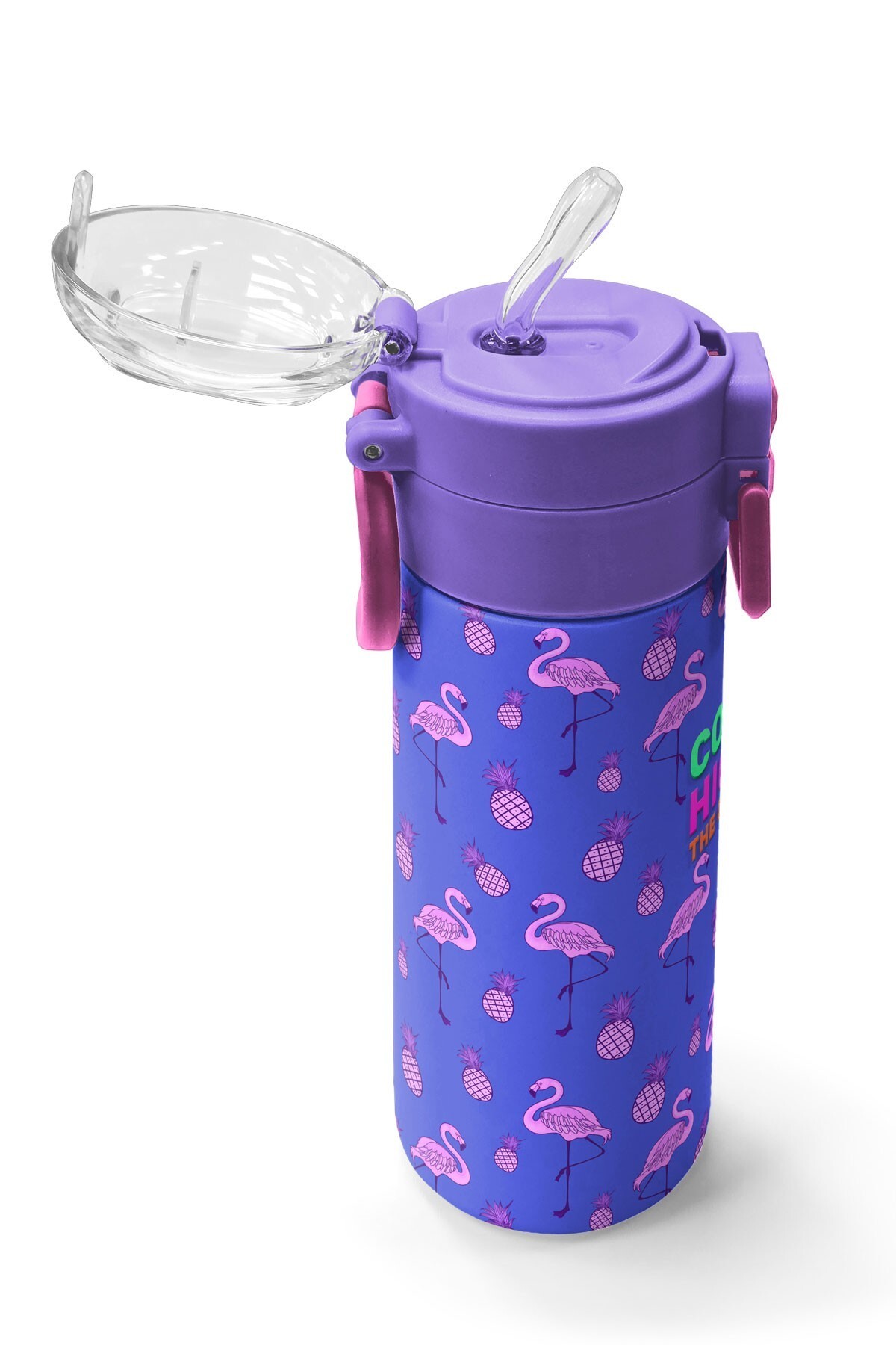 Coral High Kids Lavanta Pembe Flamingo Desenli Pipetli ve Direkt İçim Çelik Termos 500 ml