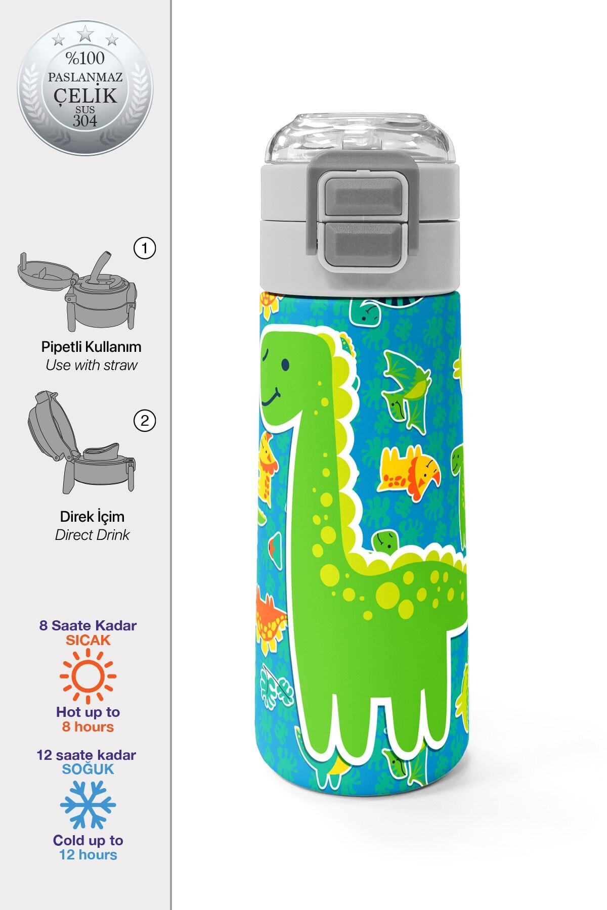 Coral High Kids Mavi Yeşil Dinozor Desenli Pipetli ve Direkt İçim Çelik Termos 500 ml