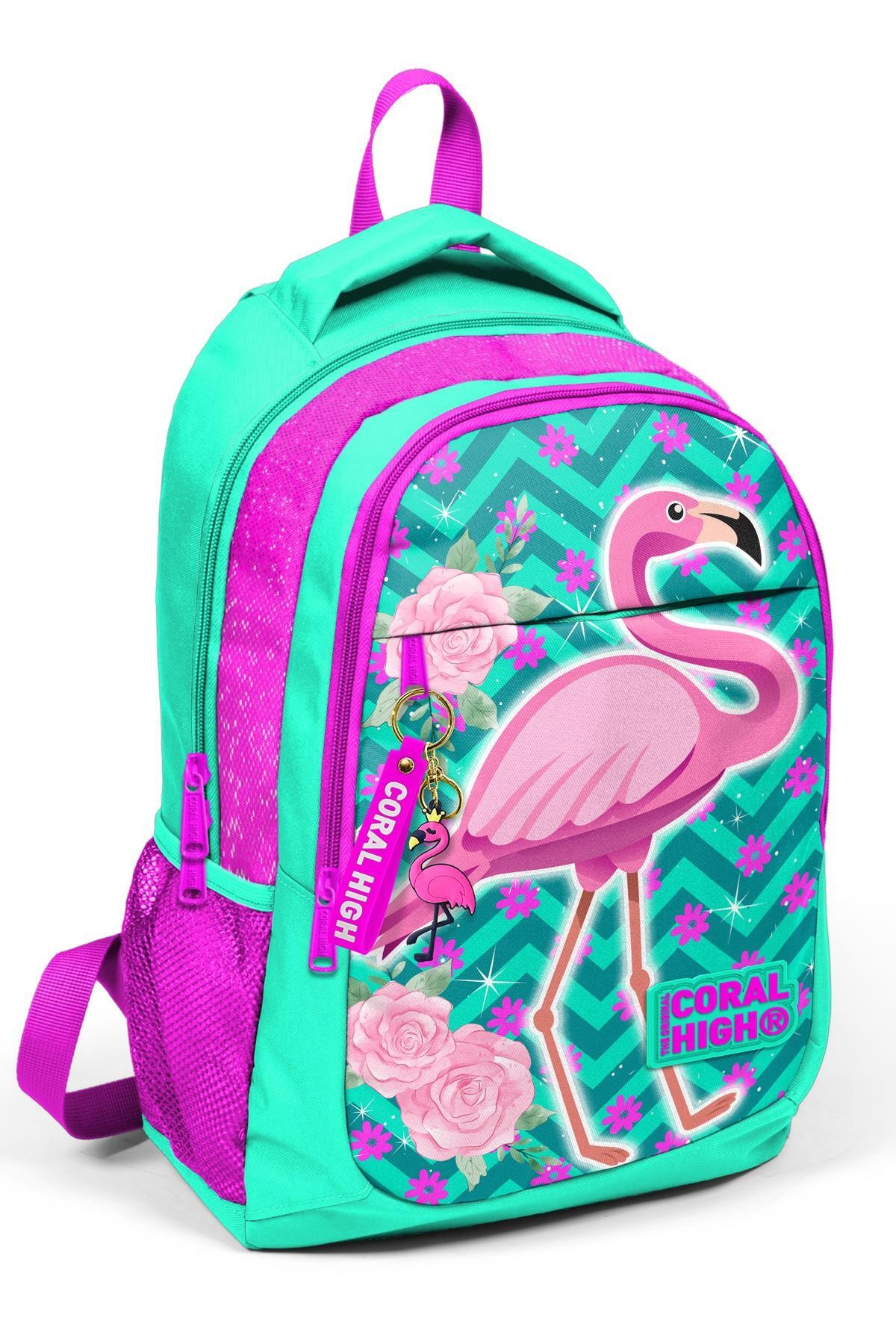 Coral High Kids Su Yeşili Pembe Simli Flamingo Desenli Üç Bölmeli Okul Sırt Çantası