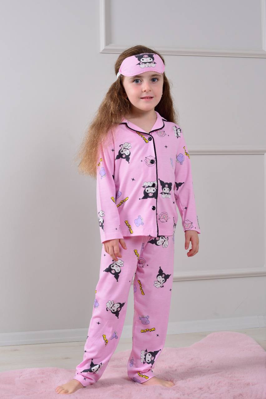 4-12 Yaş Kız Çocuk Pembe Kuromi Autum Desenli Göz Bantlı Uzun Kollu Pijama Takımı