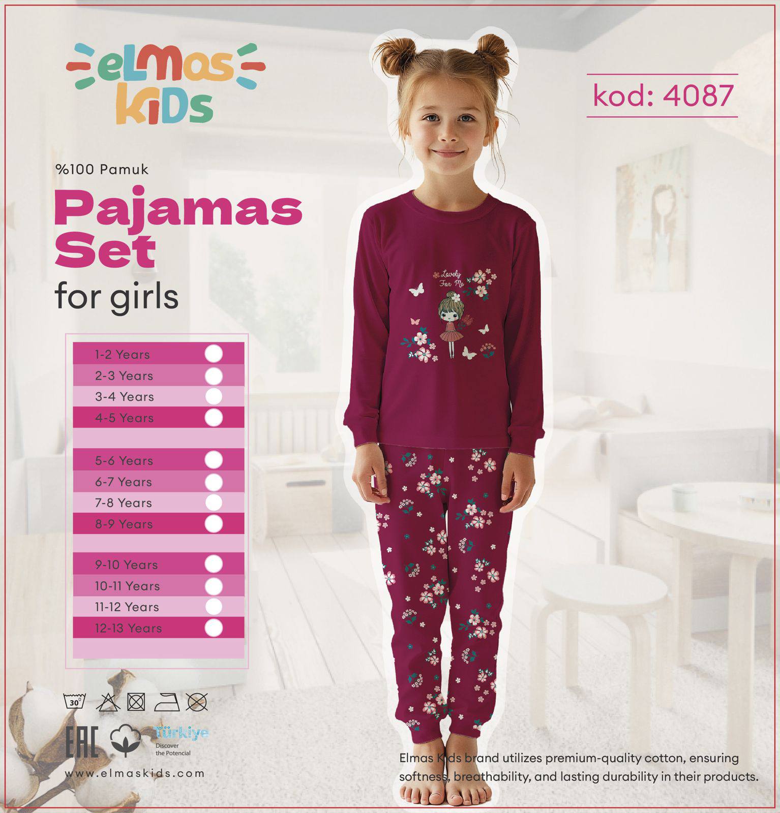 1-13 Yaş Kız Çocuk Kız Figür Baskılı Çiçek Desenli %100 Pamuk Pijama Takımı (Bordo)