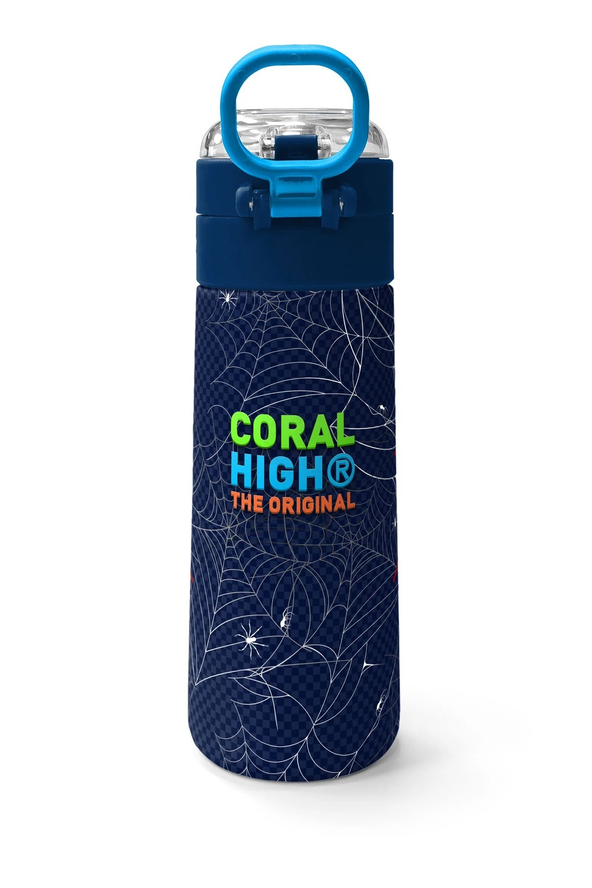 Coral High Kids Lacivert Kırmızı Örümcek Desenli Pipetli ve Direkt İçim Çelik Termos 500 ml