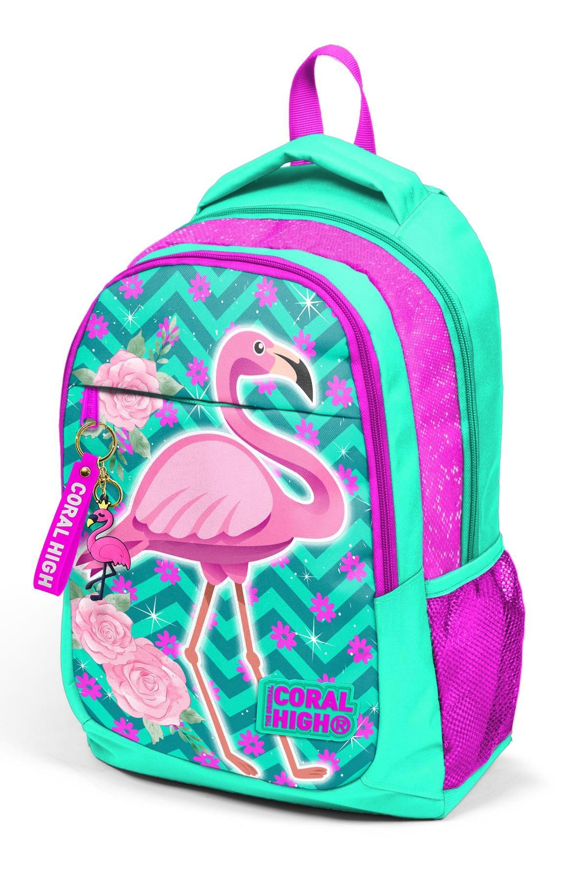 Coral High Kids Su Yeşili Pembe Simli Flamingo Desenli Üç Bölmeli Okul Sırt Çantası