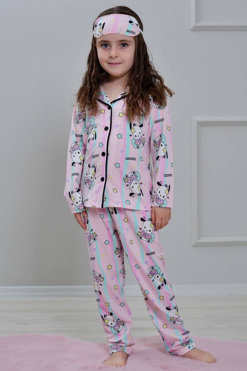 4-12 Yaş Kız Çocuk Kuromi Happy Desenli Uzun Kollu Göz Bantlı Pijama Takımı