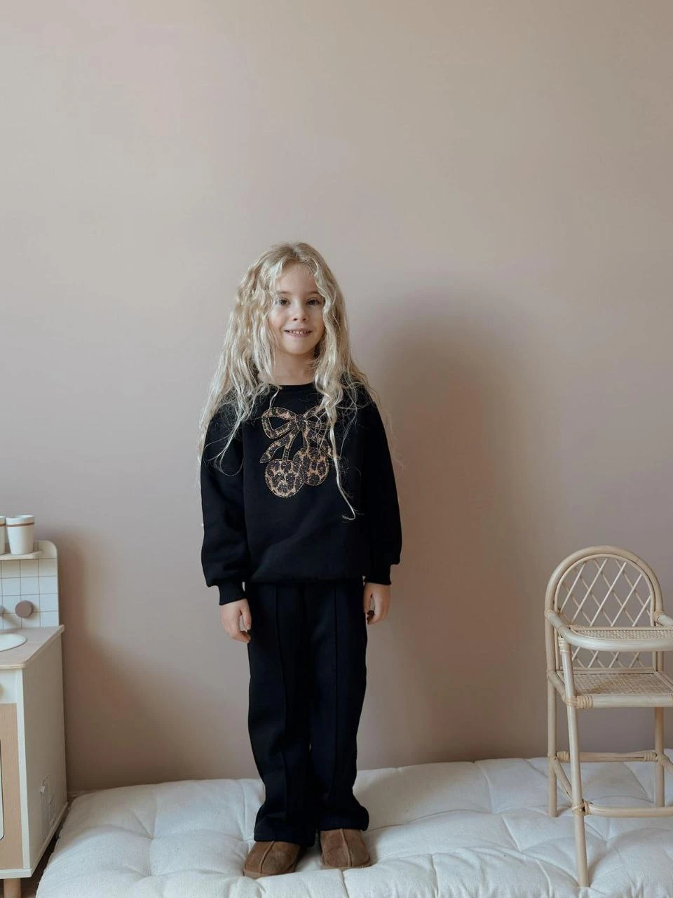 3-10 Yaş Kız Çocuk Leopar Fiyonk Baskılı 3 İplik Şardonlu Eşofman Takımı