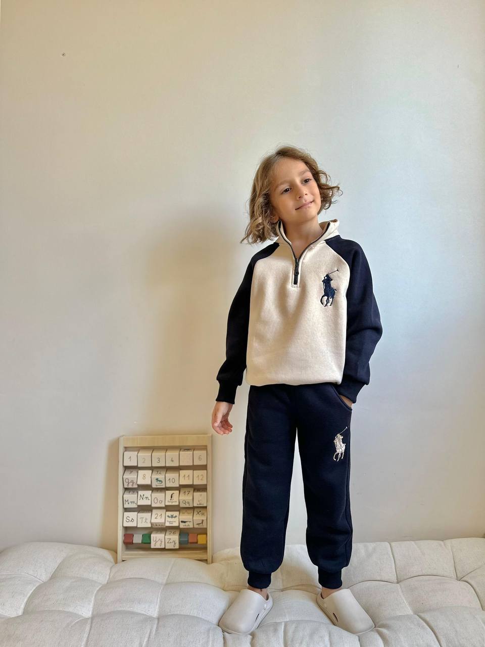 5-16 Yaş Erkek Çocuk At Figürlü Nakışlı Yarım Fermuarlı Eşofman Takımı - 3 İplik Şardonlu 