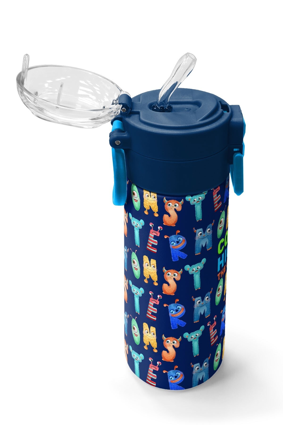Coral High Kids Lacivert Neon Sarı Desenli Pipetli ve Direkt İçim Çelik Termos 500 ml