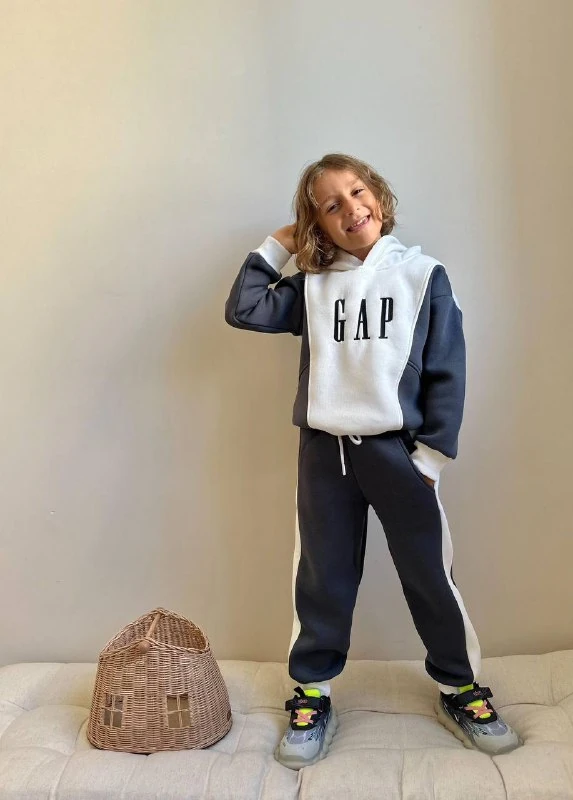 5-16 Yaş Erkek Çocuk GAP Logo Renk Bloklu Kapüşonlu 3 İplik Şardonlu Eşofman Takımı