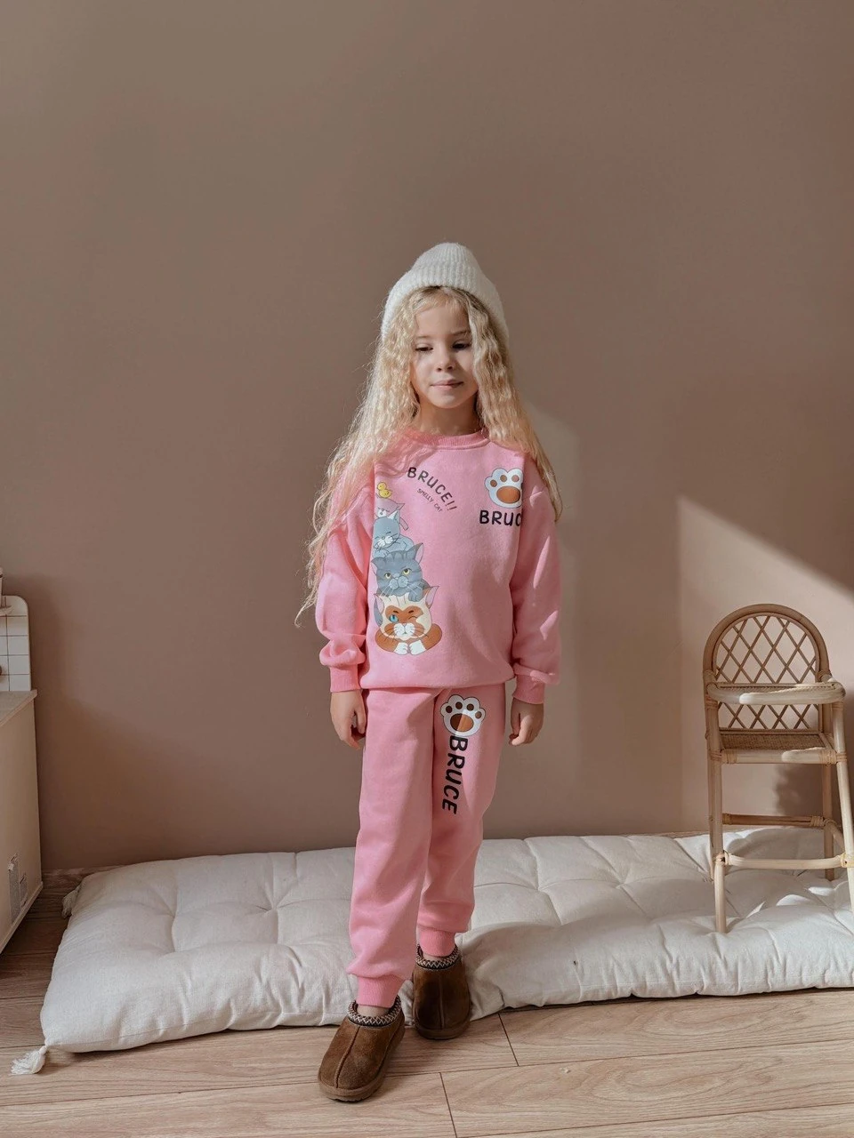 3-10 Yaş Kız Çocuk Bruce Kedili 3 İplik Şardonlu Eşofman Takımı