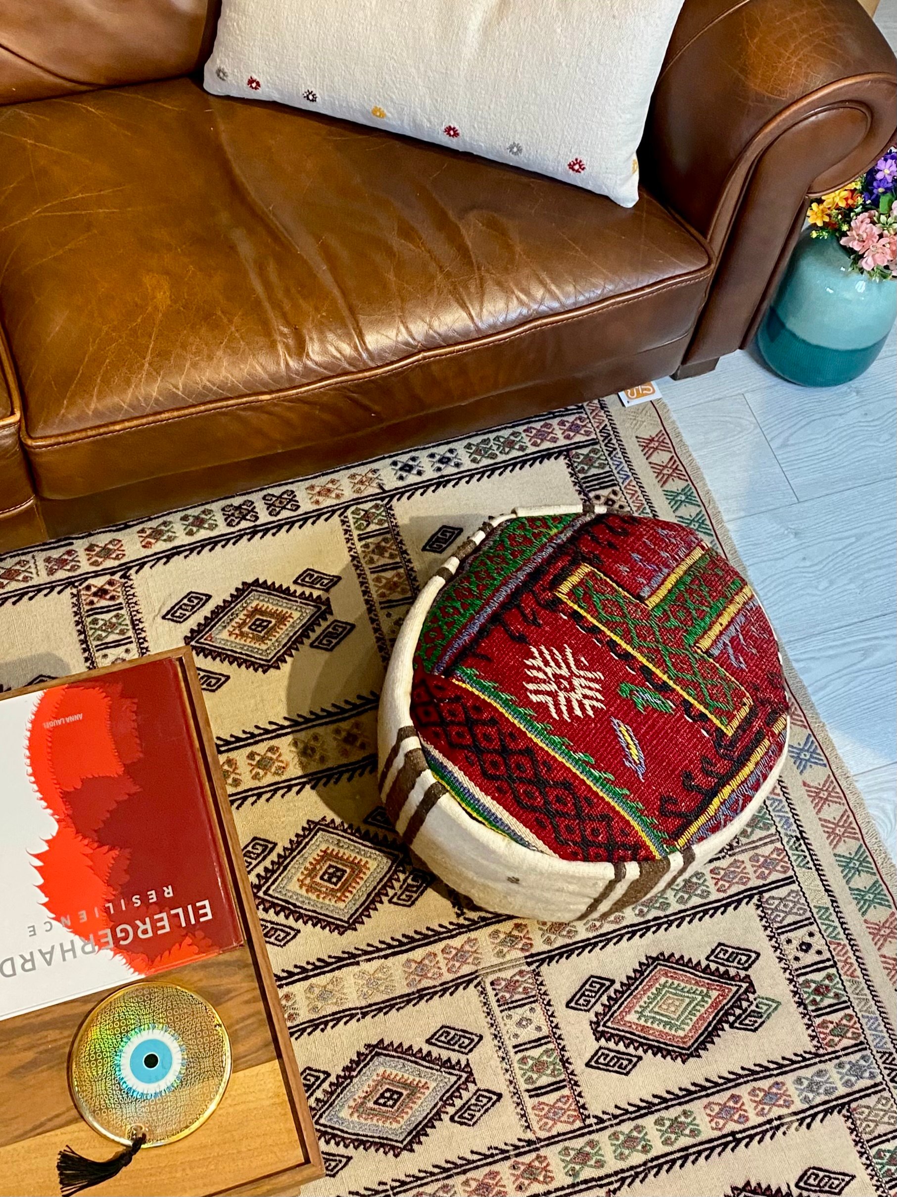 Handwoven Evil Eye Pouf