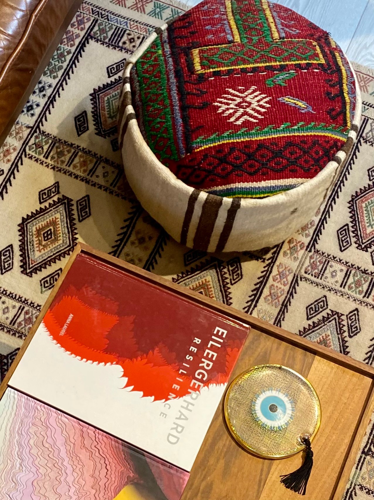 Handwoven Evil Eye Pouf