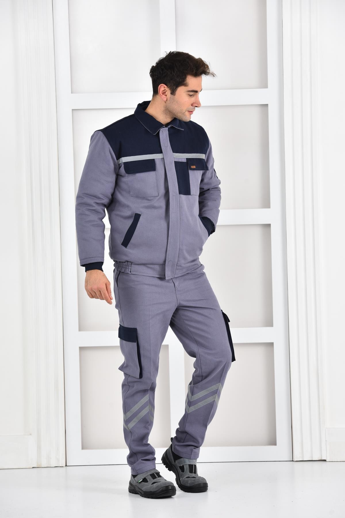 GRİ ÇOK CEPLİ İŞ TAKIMI, YAZLIK, 16/12 Gabardin, Reflektörlü