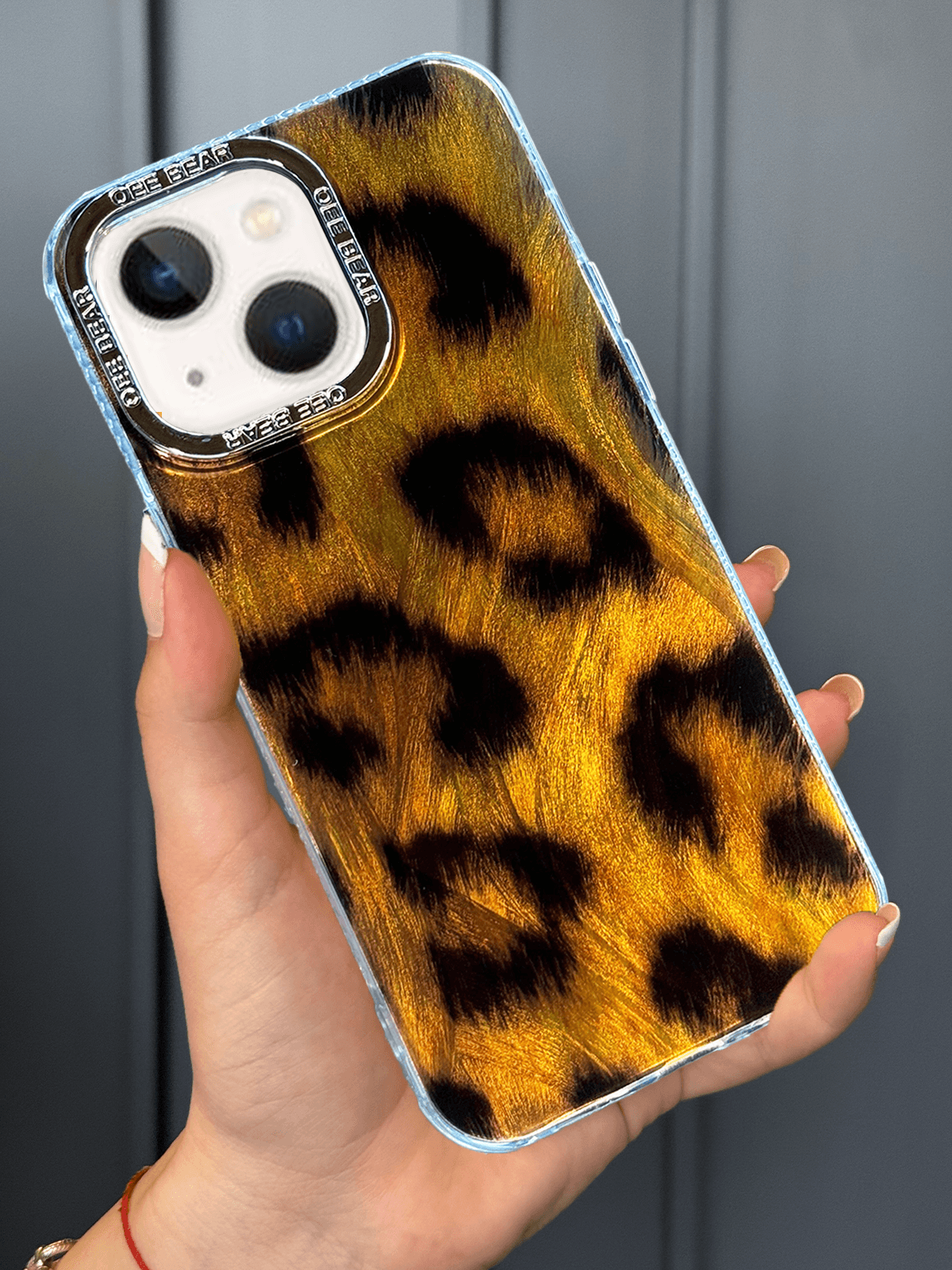 Leopar Desenli Darbe Emici Kamera Çerçeveli Parlak Lüx Kılıf