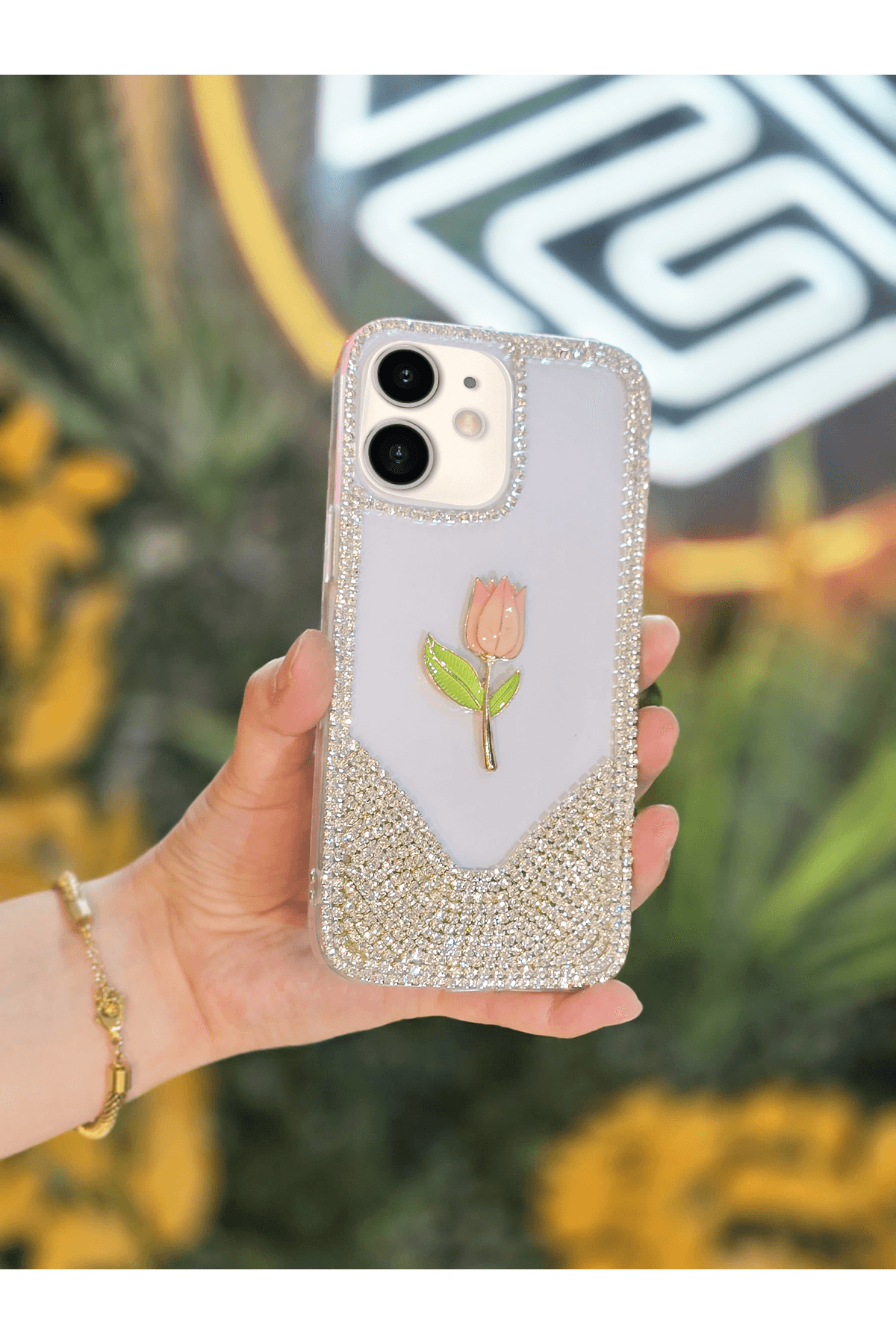 3D Karakter Taşlı Şeffaf Premium Telefon Kılıfı Lale