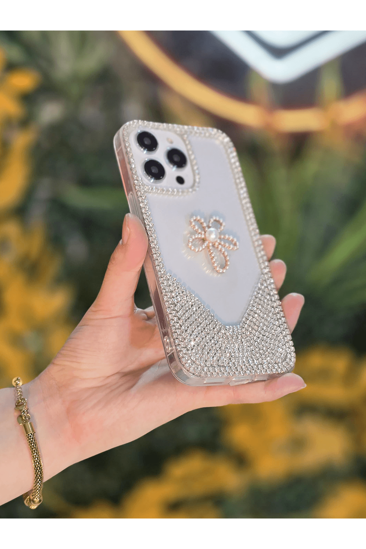 3D Karakter Taşlı Şeffaf Premium Telefon Kılıfı İnce Çiçek