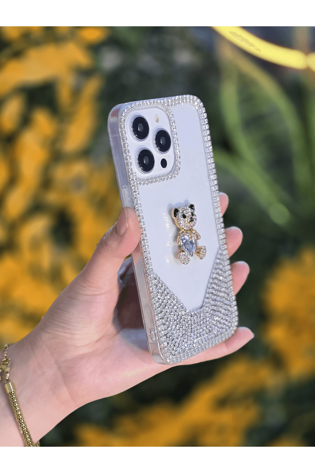 3D Karakter Taşlı Şeffaf Premium Telefon Kılıfı Beyaz Ayı