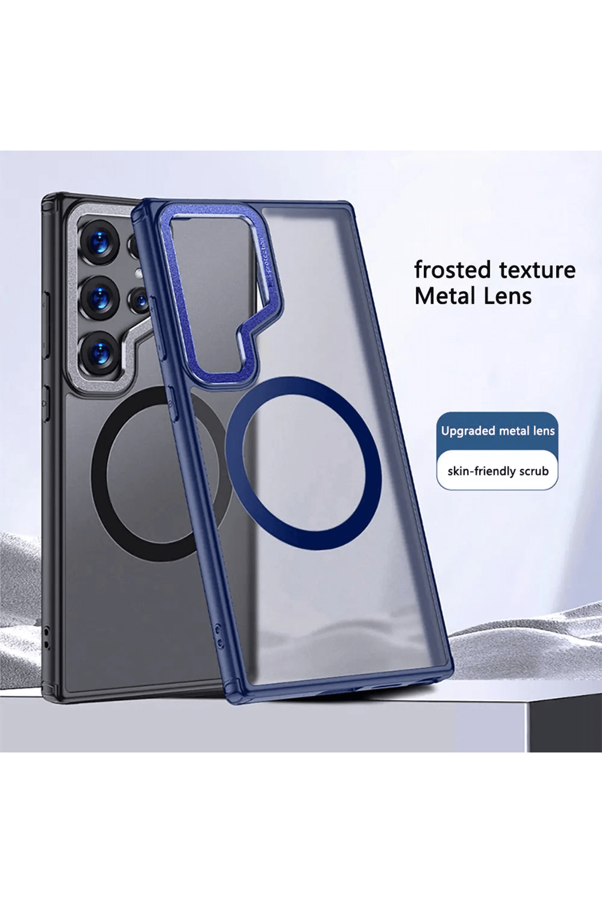 Samsung S24 Ultra Kılıf Premium Magsafe Şarj Destekli Metal Kamera Çerçeve Korumalı Buzlu Dokulu - Lacivert