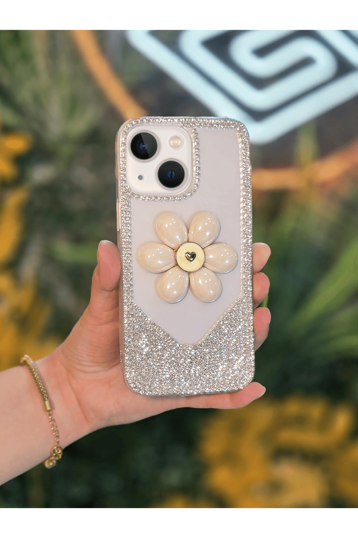 3D Karakter Taşlı Şeffaf Premium Telefon Kılıfı Büyük Çiçek