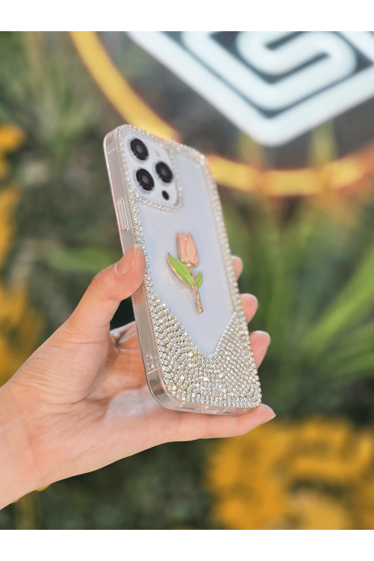 3D Karakter Taşlı Şeffaf Premium Telefon Kılıfı Lale