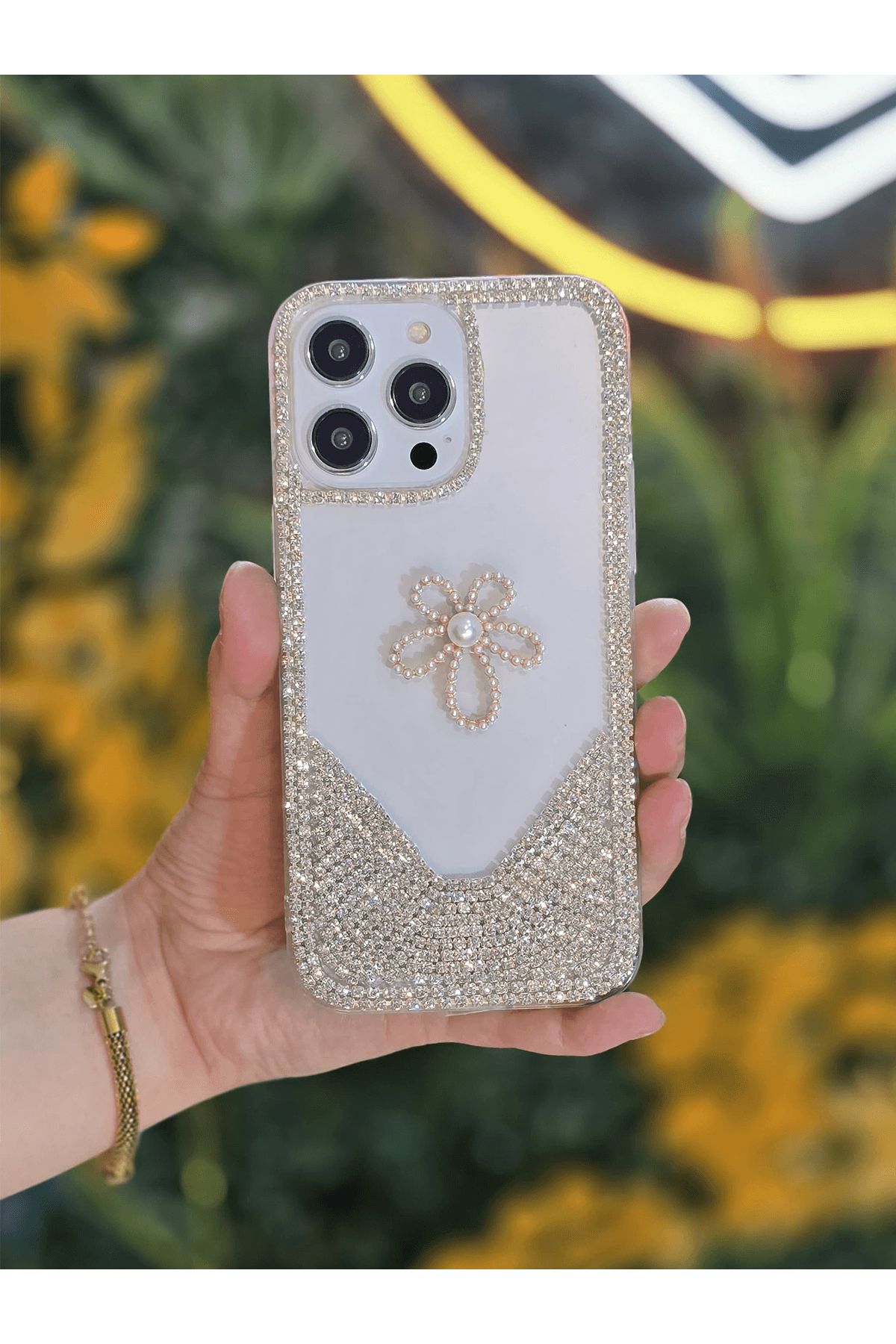 3D Karakter Taşlı Şeffaf Premium Telefon Kılıfı İnce Çiçek
